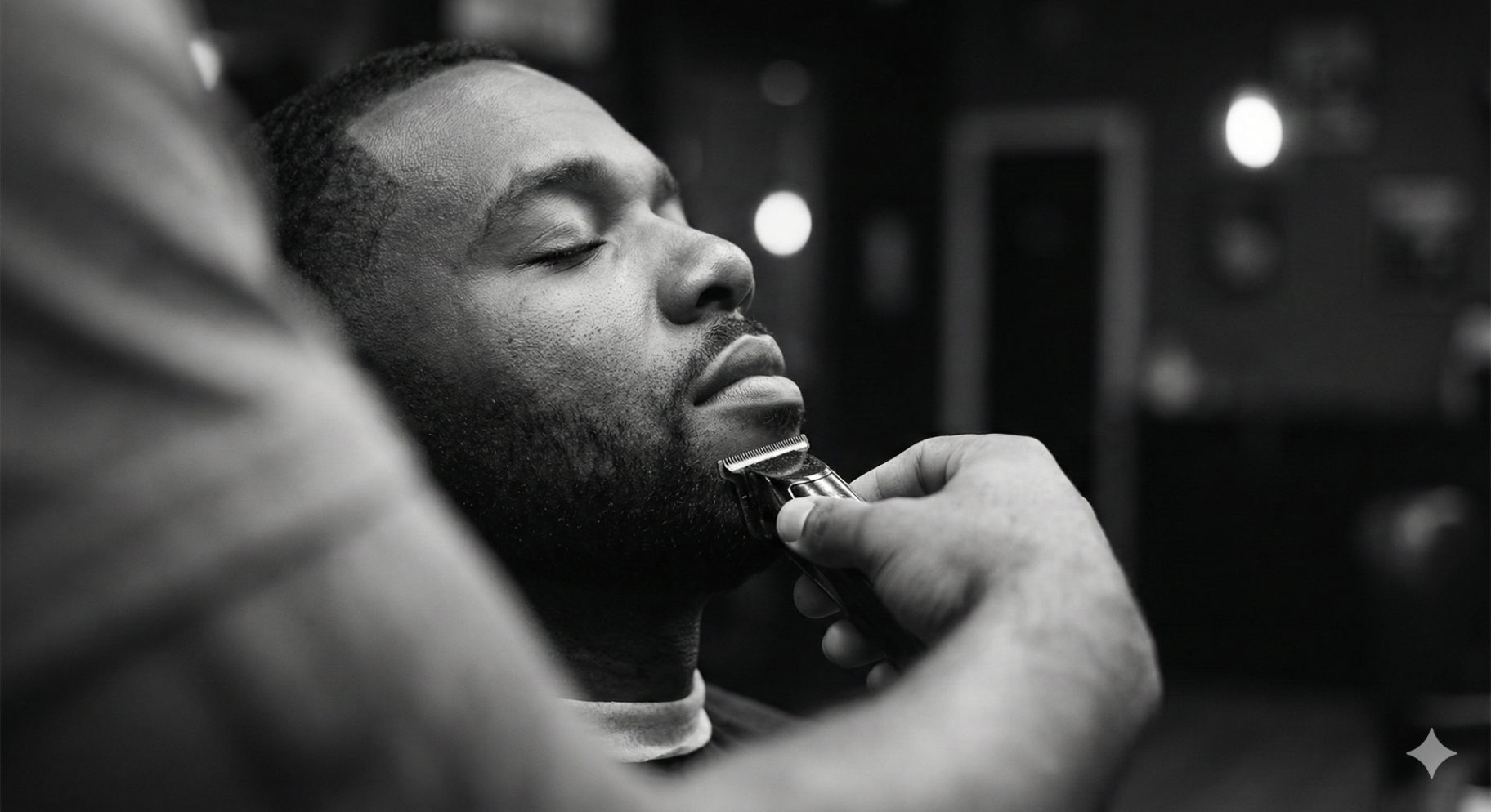 Barber lining up a client's beard with a trimmer
